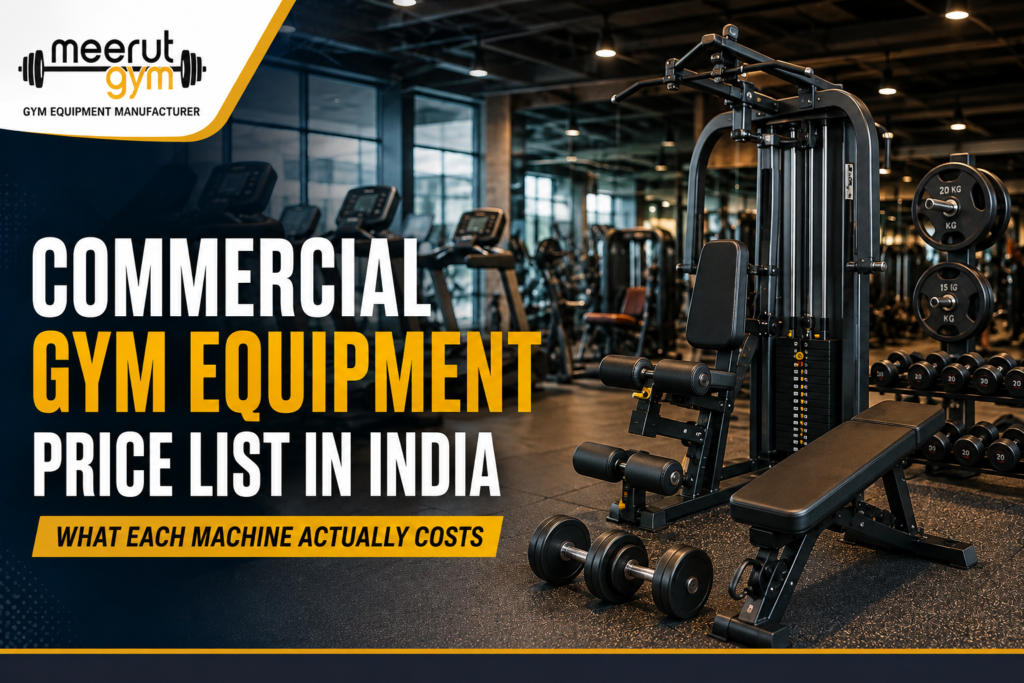 Commercial Gym Equipment Price List in India 2026 featuring modern gym machines, treadmill, strength equipment, benches and dumbbells by Meerut Gym.