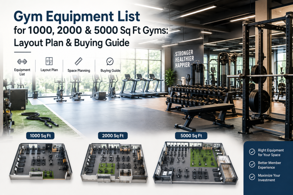 Gym equipment list and layout plan for 1000, 2000 and 5000 sq ft gyms